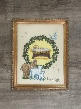Vintage Paragon 6527 Holy Night Crewel Embroidered Gold Ornate Frame Nativity